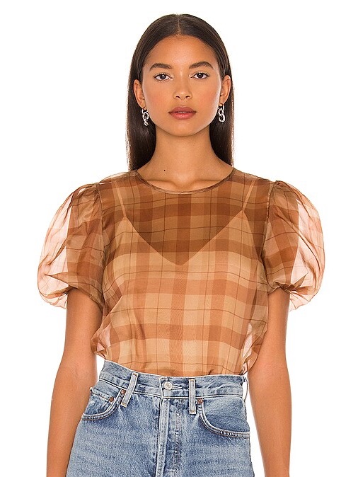 Nwt Cami Nyc Bethany Puff Sleeve Plaid Bodysuit